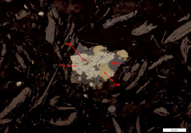 Photomicrograph of pyrite and chalcopyrite locked in sphalerite. Arsenopyrite (Asp) locked in pyrite (Reflected Light).