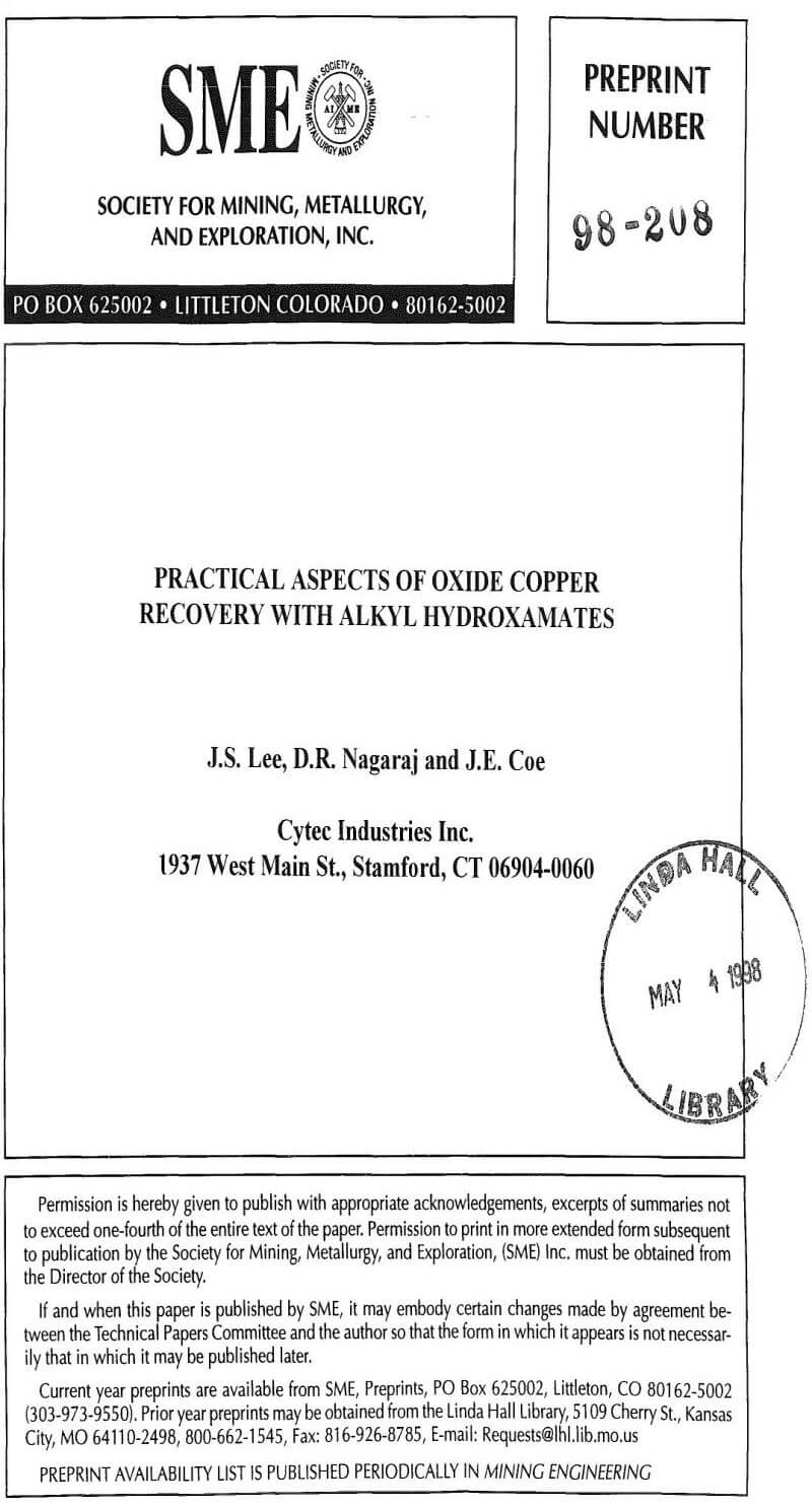 practical aspects of oxide copper recovery with alkyl hydroxamates